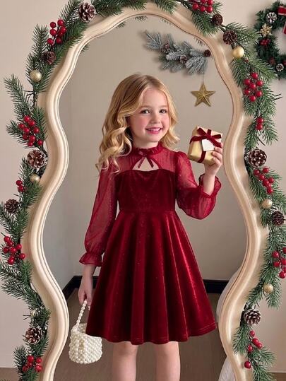 Young Girls Velvet Mesh Long Sleeve Dress, Bow Neck Cutout A-Line Flared Dress, Red Princess Party B