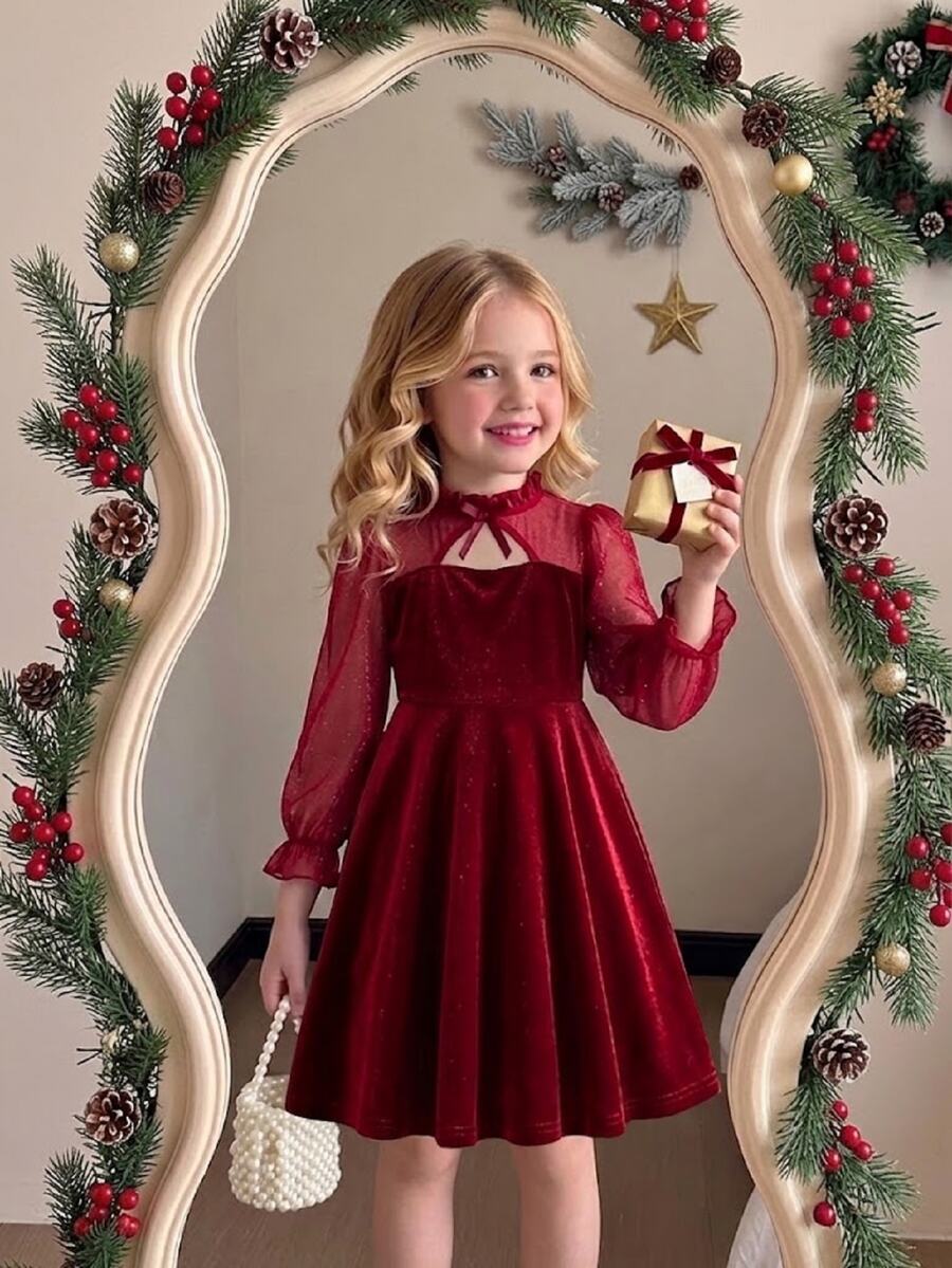 Young Girls Velvet Mesh Long Sleeve Dress, Bow Neck Cutout A-Line Flared Dress, Red Princess Party B - Red - View 1