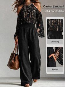 EMERY ROSE Jumpsuit Kasual Wanita dengan Motif Patchwork Renda untuk Pemakaian Sehari-hari - Hitam - View 4