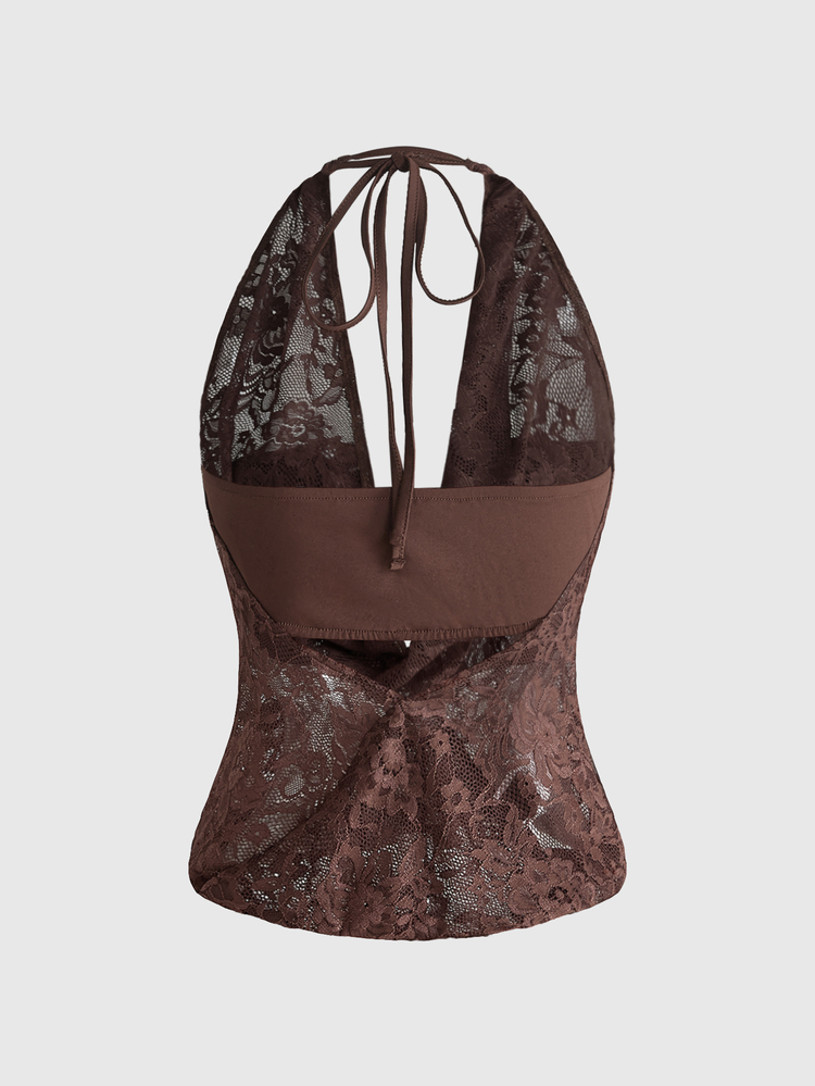 ROMWE Hippie Women's Y2K Back To School Deep Draped Neck Vintage Cowl Neck Backless Street Style Halter Tank Top (Includes Bandeau Inner) - Brown - View 2