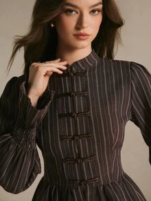 Poéselle Women's Striped Button-Front Long Sleeve Elegant Blouse - Brown - View 8