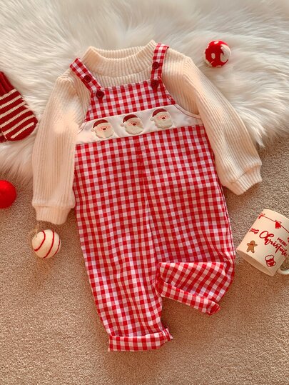 SHEIN Unisex Newborn Autumn/Winter Casual Cute Santa Claus Embroidered Red Plaid Romper Overalls, Baby Christmas Outfit, Winter Jumpsuit