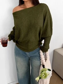 Sunnyshic Plus Size Sexy Off-Shoulder Solid Color Knit Sweater Fall - Green - View 5