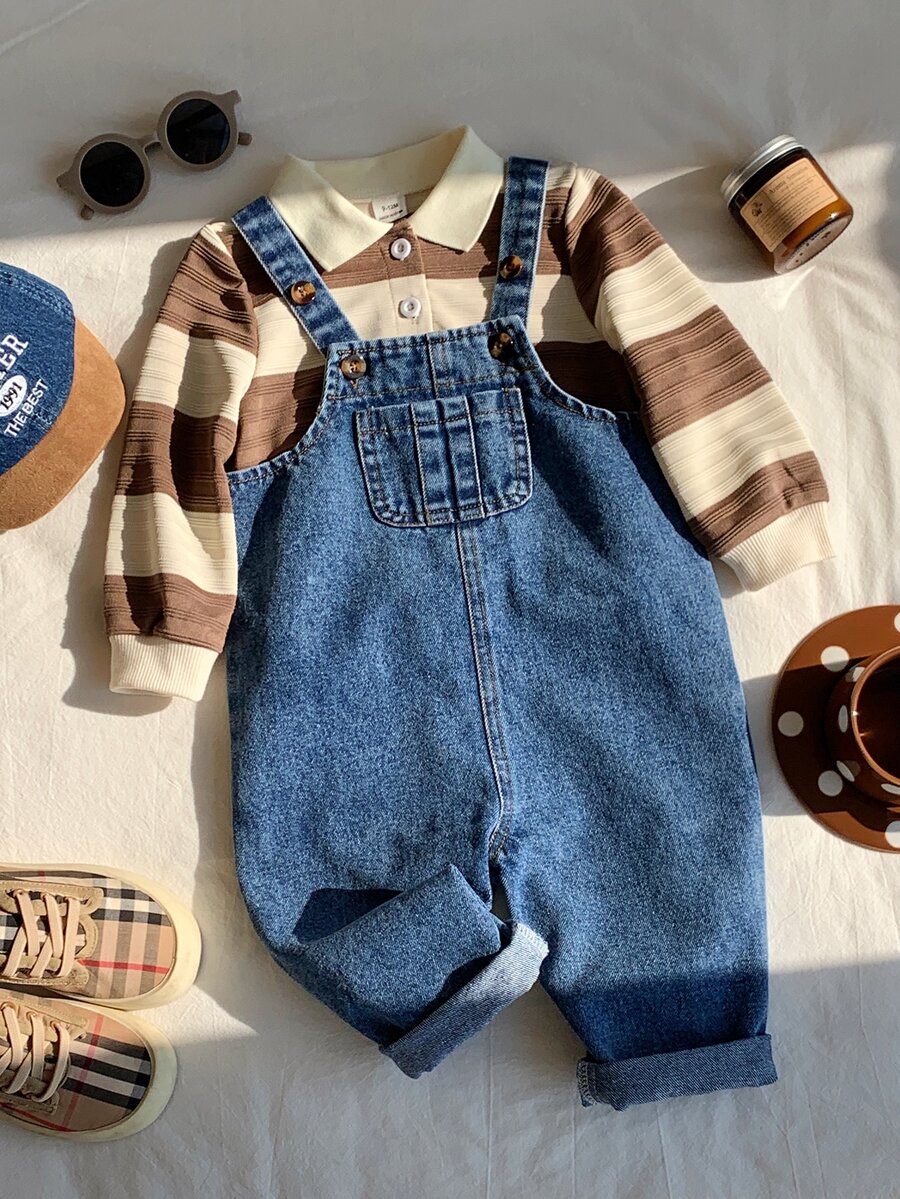 SHEIN 2pcs Baby Boy Autumn/Winter Casual Sweatshirt And Denim Overalls Set, Sweatshirt Set, Infant Outfit, Autumn/Winter Set, Striped Set, Striped Set - Multicolor - View 1