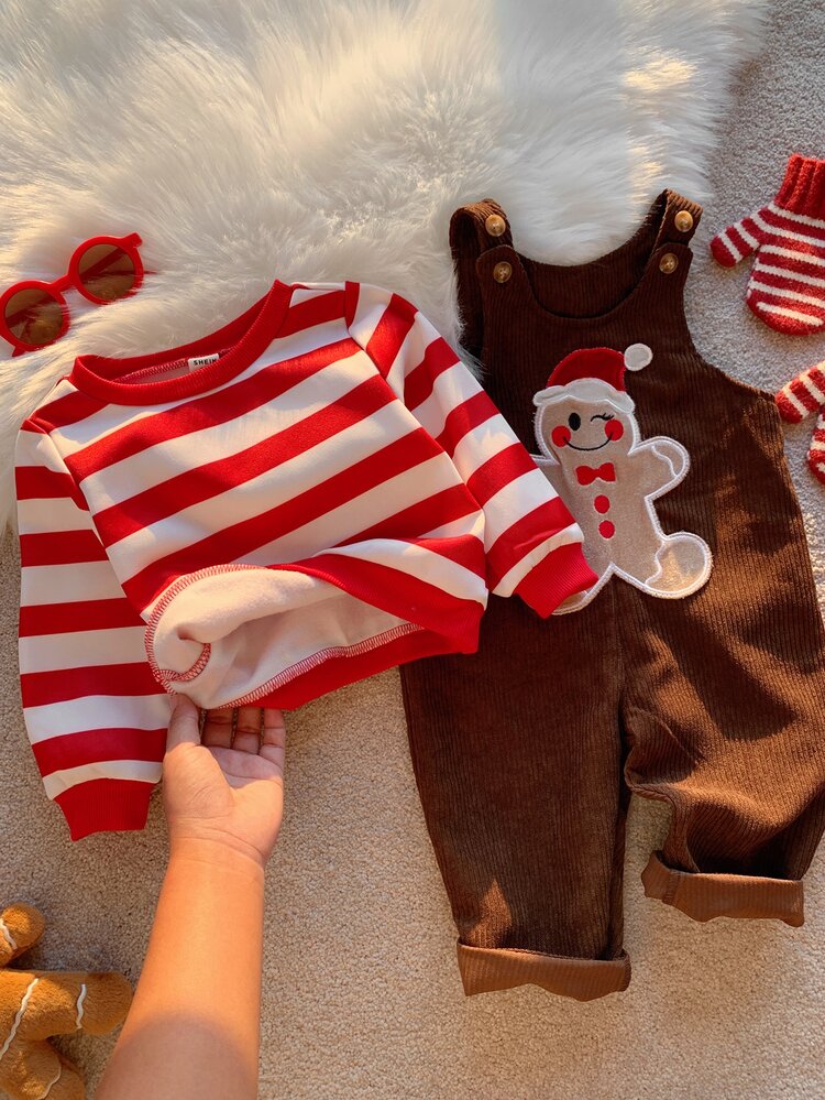 SHEIN Unisex Newborn Baby Boy/Girl, Toddler 2pcs Autumn/Winter Cute Gingerbread Man Pattern Overalls And Red Striped Sweatshirt Set, Baby Christmas Outfit - Red - View 7