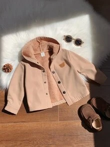 SHEIN 中性嬰兒男/女童、幼兒秋冬保暖內裡加厚休閒可愛連帽夾克外套，嬰兒冬季外套，填充外套，絎縫外套，抓絨 - 卡其色 - 查看 3
