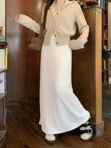 DAZY Women's Solid Color Back Slit Hem Long Casual Skirt - Beige - View 7