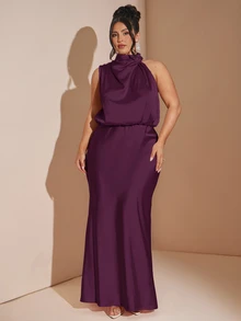 SHEIN BAE 大尺碼優雅百褶緞面魚尾裙襬晚禮服聖誕節 - 紫色 - 查看 1
