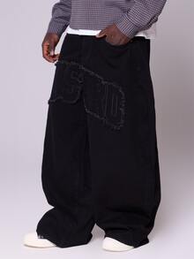 Super Oversized Musero Front Applique Denim Jeans Front Zipper Fastening Autum Winter Essentials - Black - View 3