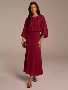 COSMINA Damen Lässig Romantisch Sexy Elegant Hellblau Chiffon Maxikleid Raffiniert Pendler Outfit Ausflug Party Braut Vorbereitung Hochzeit Herbst - Bordeaux - Übersicht 5