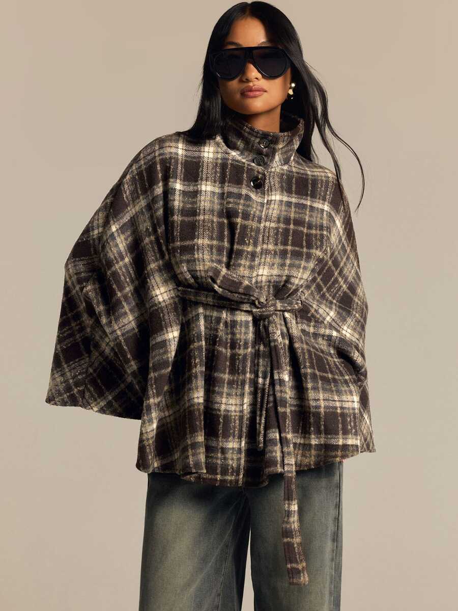 COSMINA Women's Woolen High Neck Cape Style Cinched Waist Waist Brown & Light Color Plaid Pattern Autumn/Winter Outfit For Going Out - Multicolor - View 1