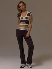 Musera Sport Striped V Neck Fitted Top With Fitted Flare Yoga Pants Fall Winter Autumn Fitness Gym Pilates - Coffee Brown - View 1