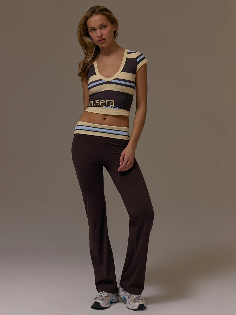 Musera Sport Striped V Neck Fitted Top With Fitted Flare Yoga Pants Fall Winter Autumn Fitness Gym Pilates - Coffee Brown - View 1