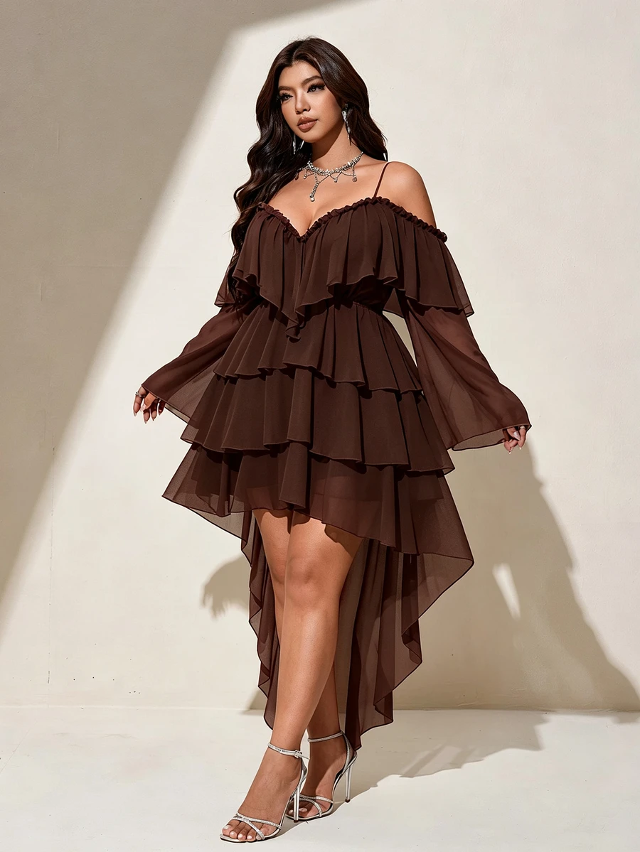Viva Relle Plus Size Women Solid Color Cold Shoulder Bell Sleeve Multi-Layer Ruffle High-Low Hem Elegant Dress Fall - Brown - View 1
