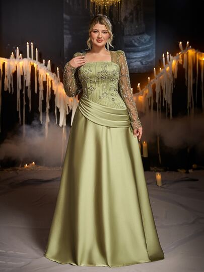 Glamrae Plus Size Elegant Romantic Fashion Green Square Neck Long Sleeve Sheer Sequin Embroidered Fabric Satin Patchwork Pleated A-Line Long Dress Elegant Party Dress Wedding Guest Dress Green Dress Vacation Dress Heavy Embellished Evening Gown