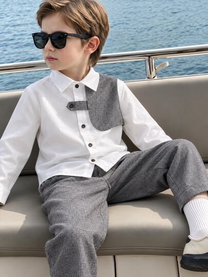 SHEIN Young Boy Contrast Color Lapel Long Sleeve Button-Down Shirt And Elastic Waist Long Pants 2 Pieces Set