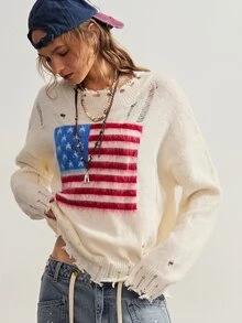 Bohemela Suéter de mujer de moda con efecto desgastado y jacquard para vacaciones y días festivos - Beis - Ver 6