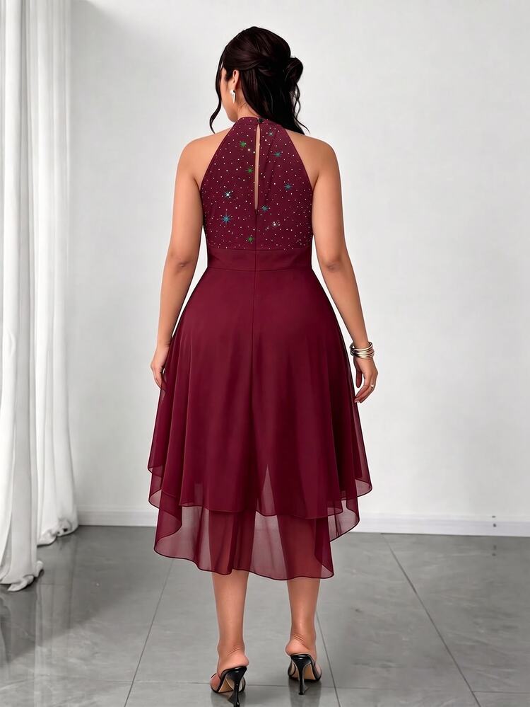 Elenzga Women's Plus Size Round Neck Sleeveless Open Shoulder Shiny Sequin Chiffon Mesh Patchwork Hem Solid Color Double Layer Ruffle Asymmetric Hem Dress, Suitable For Spring/Autumn Party Elegant Dress, Women's Wedding Guest Dress, Graduation Dress, Formal Dress, Halloween Evening Party Dress, Women's Fashion Dress - Burgundy - View 2