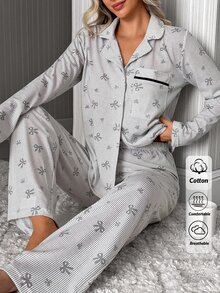 SHEIN Classic Button Front Bow Printed Pajama Set – Soft Long Sleeve Top & Comfy Straight Leg Pants - Grey - View 7