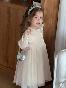 DAZY Infant/Toddler (Girl) Round Neck Mesh Patchwork Korean Style Long Sleeve Patchwork Dress - Apricot - View 6