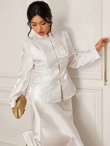 EastFlair Plus Size Women's Elegant Blazer Jacket With Frog Button Placket And Long Sleeves - White - View 6