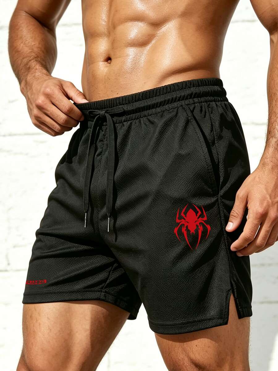 Gym Rark 男士抽繩腰蜘蛛圖案休閒日常運動短褲 - 黑色 - 查看 1