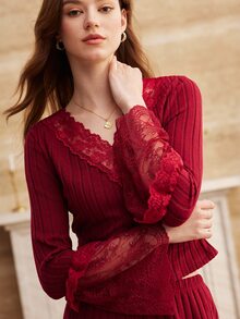 Moireta French Elegant Romantic V-Neck Lace Patchwork Long Sleeve Pants Pajama Set For Women - Burgundy - View 4
