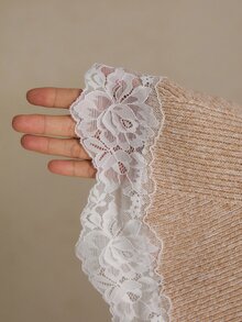 Poéselle Women's Contrast Lace Stand Collar Cap Sleeve Elegant Knit Top - Apricot - View 8