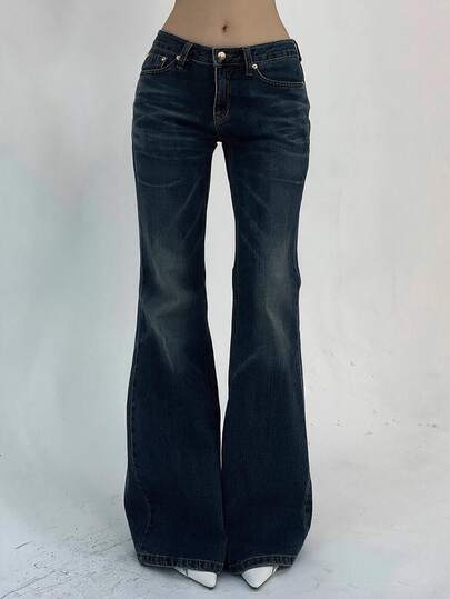 DAZY Jeans acampanados de mezclilla casuales para uso diario y viajes para mujer con bolsillos y botones