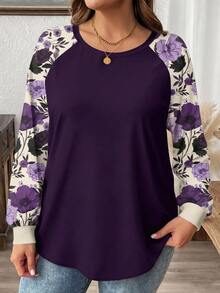 SHEIN LUNE Plus Size Women's Casual Raglan Sleeve Round Neck Loose T-Shirt, Suitable For Spring/Autumn - Purple - View 3