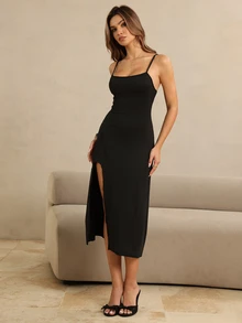 SHEIN Women's Solid Color Side Slit Hem Casual Camisole Loungewear Dress - Black - View 5