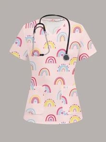 PopScrub Fun Cartoon Pink Rainbow Cute Women's Scrub Uniform Top - Multicolor - View 1
