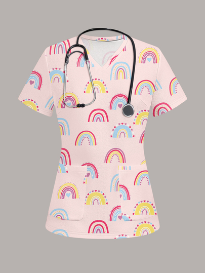 PopScrub Fun Cartoon Pink Rainbow Cute Women's Scrub Uniform Top