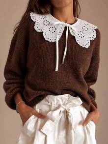 SHEIN Women's Peter Pan Collar Casual Versatile Long Sleeve Sweater - Brown - View 2