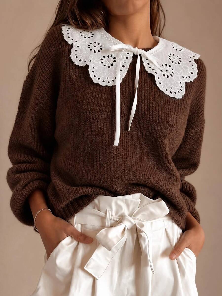 SHEIN Women's Peter Pan Collar Casual Versatile Long Sleeve Sweater