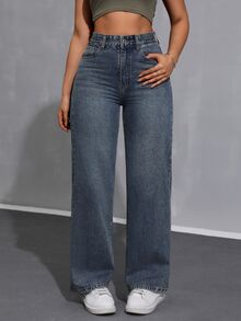 Jeanoix Y2K Casual Cargo Plus Size Women's High Waist Retro Blue Wide Leg Jeans Loose Fit Daily Street Fashion Multi-Pocket Denim Pants Vacation Club Fall - Dark Wash - View 3