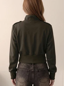 DAZY 女款小立領長袖短版開襟運動衫，派對休閒風 - 咖啡棕 - 查看 3
