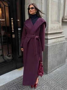 Aloruh Mantel Wanita Elegan untuk Perjalanan Kerja, Warna Polos, Minimalis, Gaya Klasik, Jaket Panjang Sedang Berkerudung Warna Burgundy, Musim Gugur/Dingin - Burgundy - View 5
