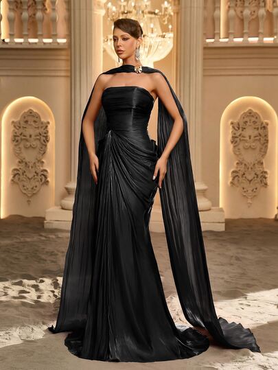 Glamrae Elegant Romantic Fashion Sexy Organza Fabric Ruched Decoration Shawl Metal Decor Mermaid Hemline Elegant Party Dress Party Vacation Birthday Wedding Guest Dress Bachelorette Party Dress Bridesmaid Dress Formal Evening Gown