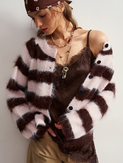 Bohemela Vintage Pink & Brown Striped Knit Crew Neck Cardigan