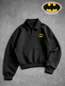 BATMAN X SHEIN Manfinity EMRG Men's Cartoon Embroidered Long Sleeve Casual Polo Neck Pullover Sweatshirt - Multicolor - View 3