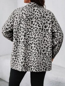 SHEIN LUNE 大尺碼女款豹紋長袖單排扣休閒工裝口袋夾克外套 秋季 - 彩色 - 查看 2