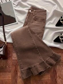 GlowEve CURVE Plus Size Women's Casual Flare Leg Jeans With Pockets And Ruffle Hem - Brown - View 2