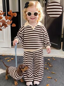 SHEIN Baby Girl Thick Elastic Ribbed Half-Zip Pullover Top And Straight Leg Thick Pants, Suitable For Winter - Brown - View 7