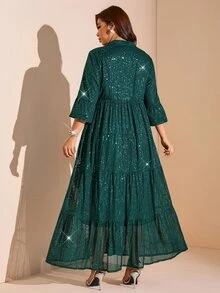 Comfylo 大尺碼女款綠色亮片閃亮派對晚禮服，聖誕節秋季度假穿搭 - 墨綠色 - 查看 3