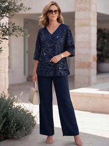 EMERY ROSE Middle-Aged Women Rhinestone V-Neck 3/4 Sleeve Blouse And Long Pants Elegant Set - Multicolor - View 5
