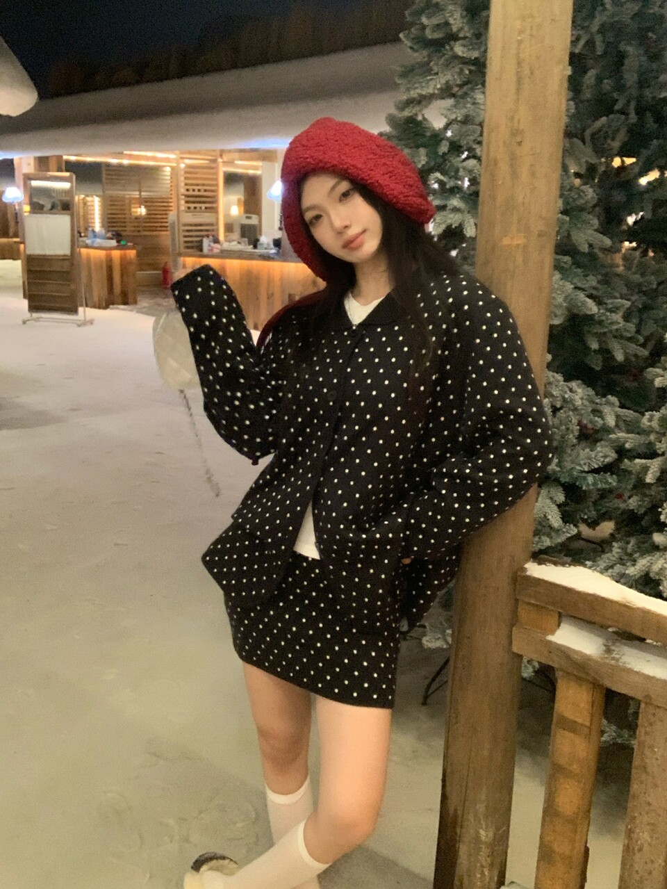 Women's Polka Dot Pattern Long Sleeve Single-Breasted Knit Cardigan And Knit Skirt Casual Set