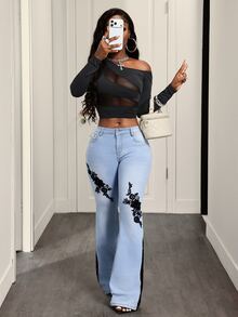 SHEIN Tall Women's Contrast Lace Elegant Flare Leg Jeans With Pockets - Blue - View 5