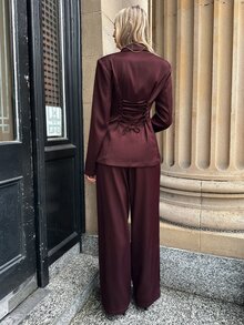 Aloruh Setelan Kerja Wanita Elegan, Warna Burgundy, 2 Potongan, Blazer Lengan Panjang dan Celana Panjang Warna Polos untuk Musim Gugur/Dingin - Burgundy - View 2