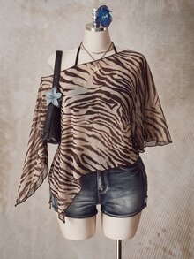 SHEIN ICON 大尺碼女款派對不對稱單肩斑馬紋不對稱下擺時尚上衣 - 彩色 - 查看 4